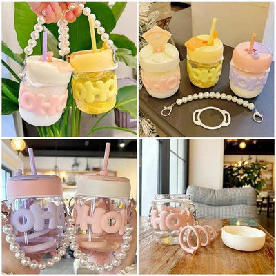 Pearl Chain Glass Cup Female High Beauty Household Water Cup Portable Breakfast Milk Cup Cute Glass Straw Double Drinking Coffee Cup Best For Gift - Vibe Pk