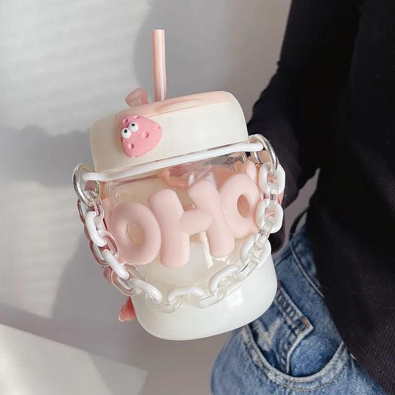 Pearl Chain Glass Cup Female High Beauty Household Water Cup Portable Breakfast Milk Cup Cute Glass Straw Double Drinking Coffee Cup Best For Gift - Vibe Pk